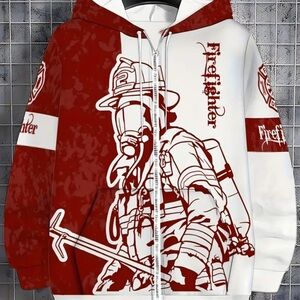 Mens Red and White Firefighter Graphic Hoodie